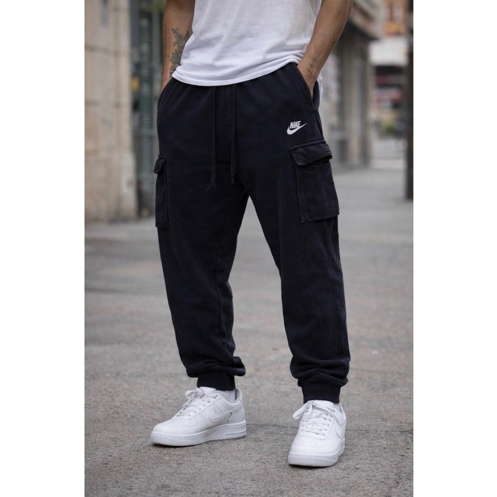 Nike Mens Club Fleece Cargo Joggers Black Streetwear Gorpcore Sweatpants Large